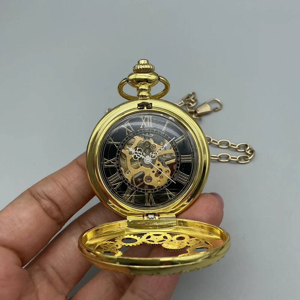 Steampunk Gear Pocket Watch Men 47mm Gold Tone Skeleton Half Hunter Manual